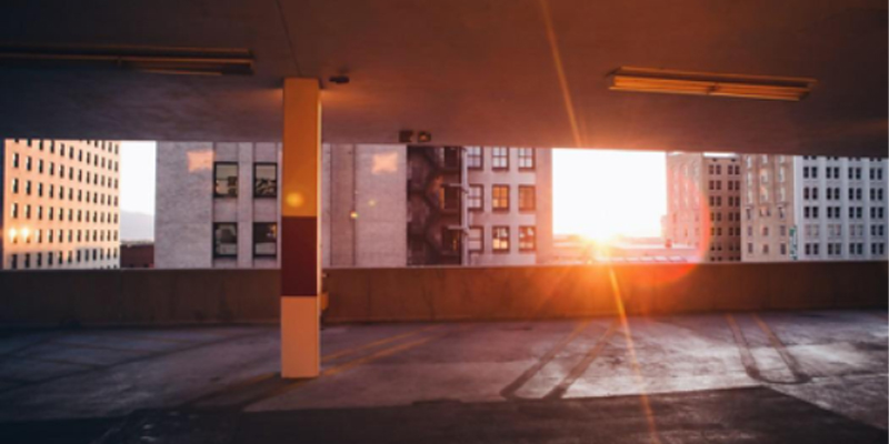 parking garage with sunset