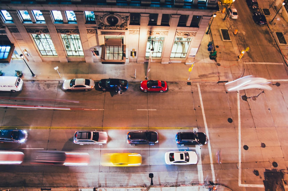 overhead view of cars parked on street