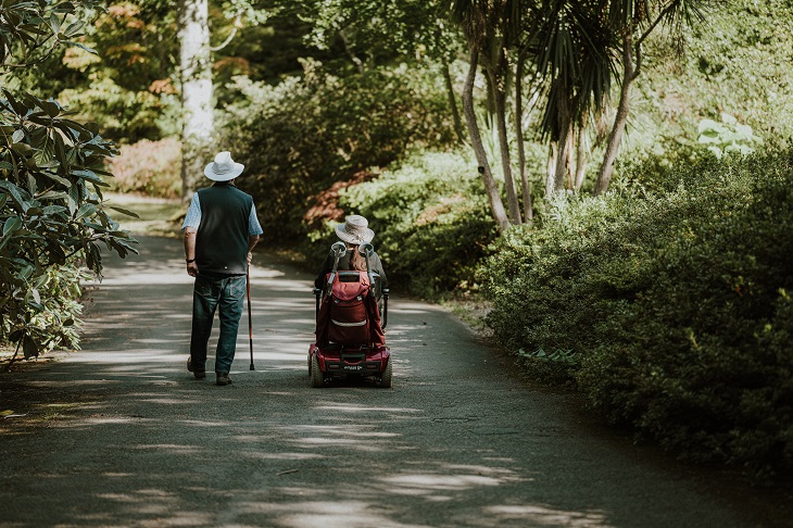 people with wheelchair and cane walking in park